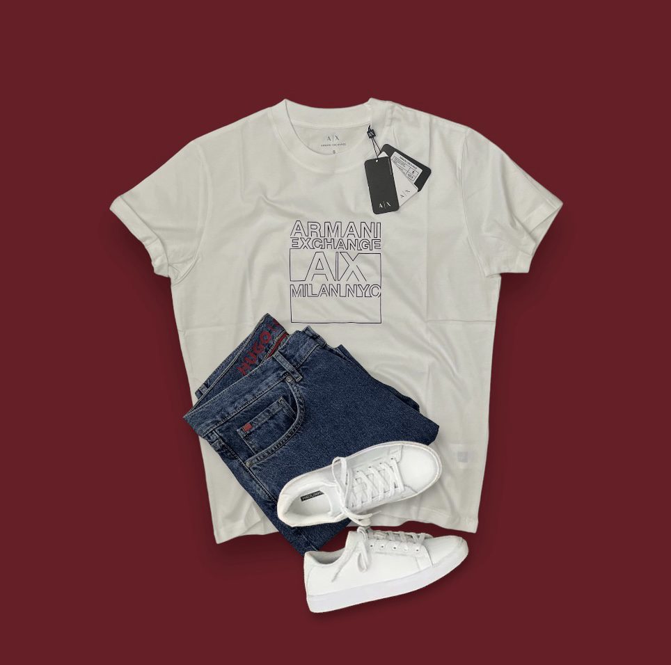The Ultimate Guide to Styling Armani Exchange White T-Shirt, Hugo Boss Blue Jeans, and White Sneakers 1 Armani Exchange White T-Shirt