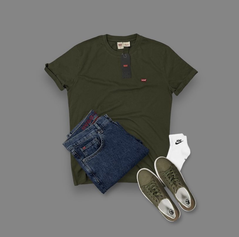 Effortlessly Chic: Stand Out with the Olive Green Levi's T-shirt, Mid Blue Hugo Boss Jeans, and Statement Olive Green Sneakers 1 Outfit